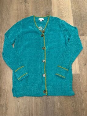 NWOT Belle by Kim Gravel Teal Cardigan with Chartreuse Trim